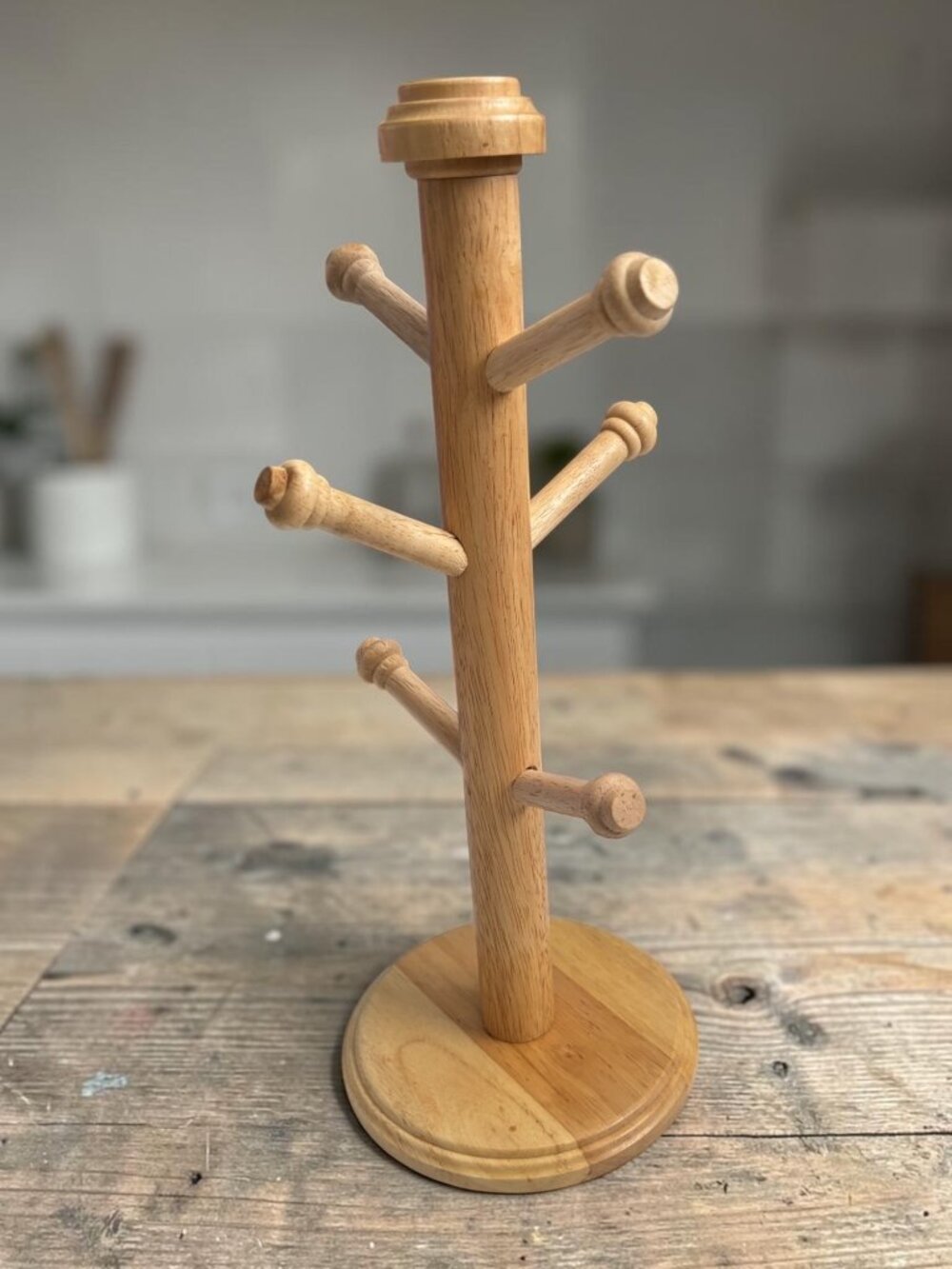 Wooden Mug Tree Holder Stand For Cups Or Jewelry With Six Pegs Natural Finish 14
